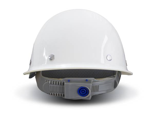 White ABS safety helmet back view and chin strap