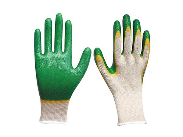 The front and back details of the double layer smooth latex coated gloves are displayed.