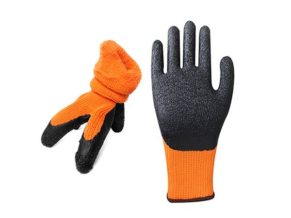 The front and back details of the fleecy latex coated gloves are displayed.