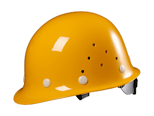 An orange FRP safety helmet with vent holes is displayed.