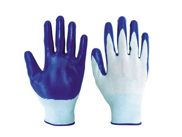 A pair of blue and white nitrile coated gloves is displayed.