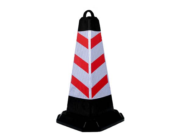 A pyramid PU safety cone posted with a red and white reflective tape is displayed.