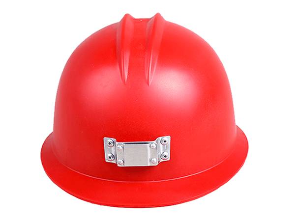Red mining safety helmet with metal bracket