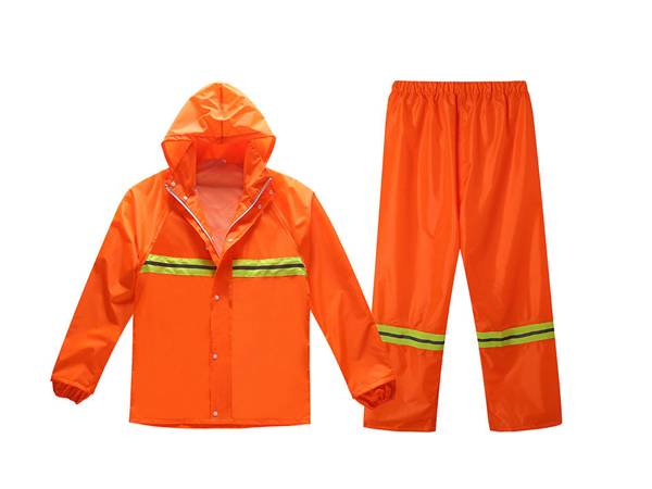 A set of reflective rain coat and pants is displayed.