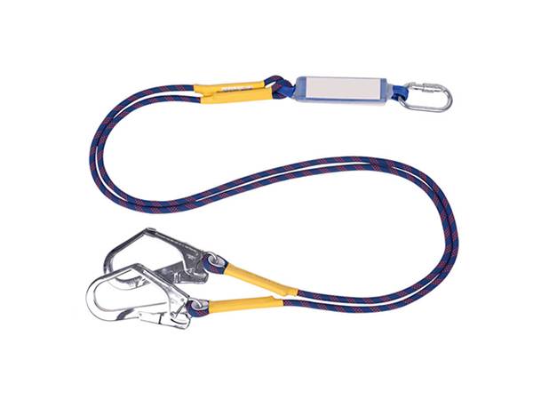 A nylon braided round rope safety lanyard with double legs is displayed.