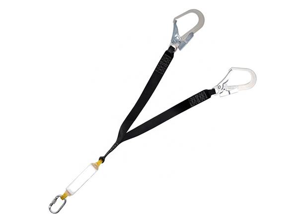 A nylon braided flat strap safety lanyard with double legs is displayed.