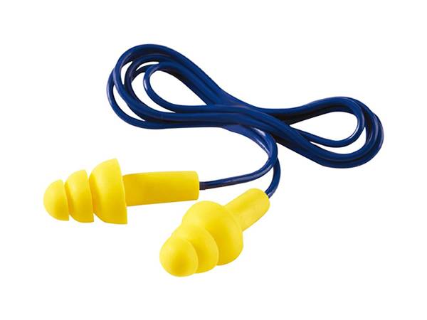 A pair of reusable silicone earplugs is displayed.