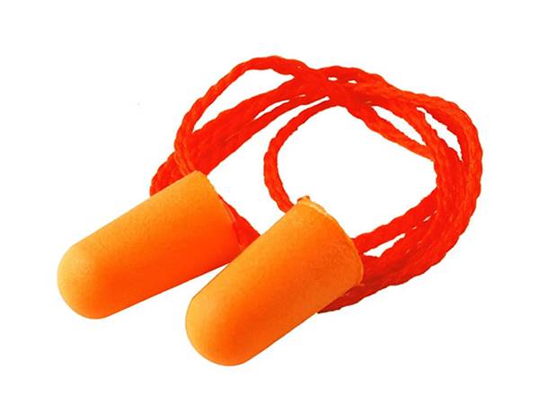 A pair of orange industrial slow-recovery foam earplug with cord is displayed.